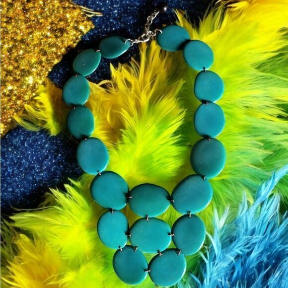 NECKLACE AFRICAN SEED Hand Crafted TURQUOISE/GREEN SILVER clasp 18" HAND MADE - Picture 3 of 9